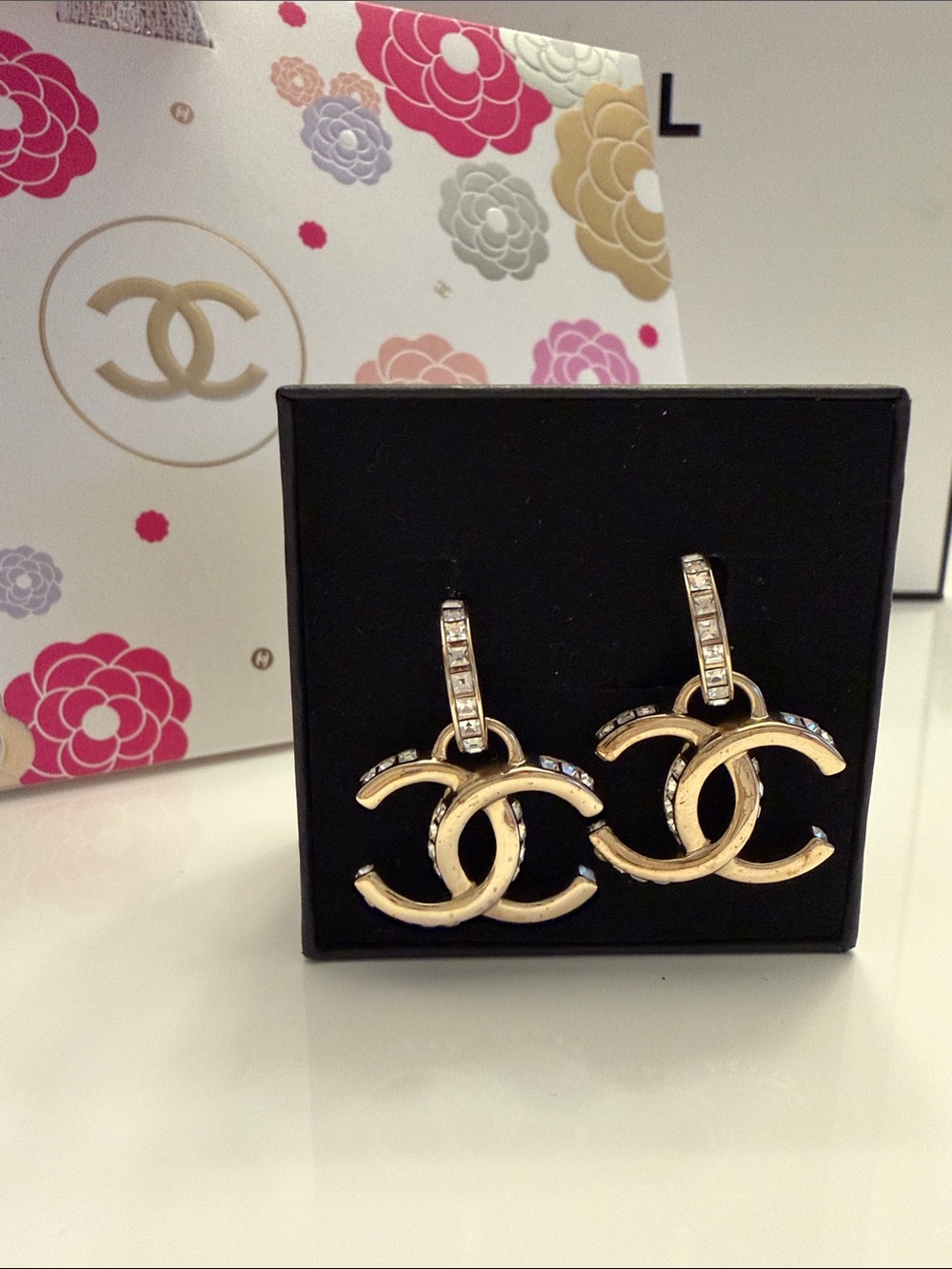 CHANEL Gold CC Hoop Drop Earrings with Crystal Accents